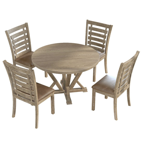 English Elm [5-Piece] Rustic Round Dining Table Set With Upholstered Chairs - Solid Wood, Farmhouse Charm & Comfort W2537S00001-GIGA