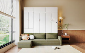 English Elm Queen Murphy Bed with L-shaped Velvet Sofa Storage Cabinets for Studio Living White LP000765AAG-1