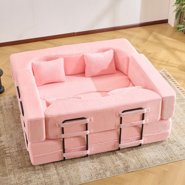 English Elm 71-inch folding sofa bed with plush fur cover, high-density foam futon sleeper, modern modular comfort Pink W1829S00065