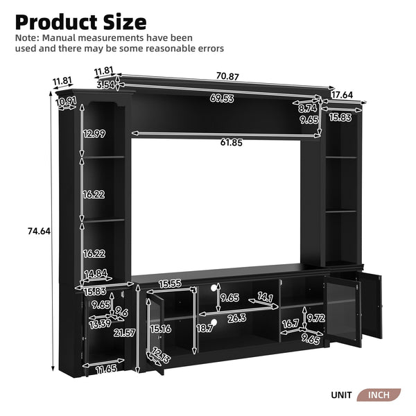 English Elm Entertainment Wall Unit with Glass Doors Open Shelving Mdf Living Room Storage Black N710S688102B