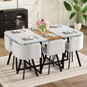 English Elm 7-piece Rectangular Dining Set Seats 6 with Faux Leather Chairs and Melamine Top White,Wood W3875S00132