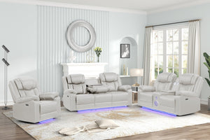 English Elm Challenger modern power reclining sofa with LED ambient lighting, USB ports, cupholders & console Beige G150109152