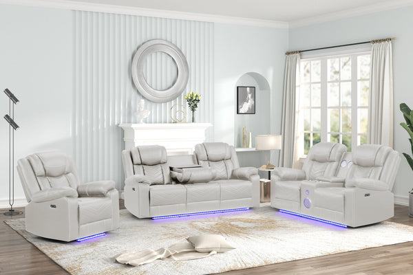 English Elm Challenger modern power reclining sofa with LED ambient lighting, USB ports, cupholders & console Beige G150109152