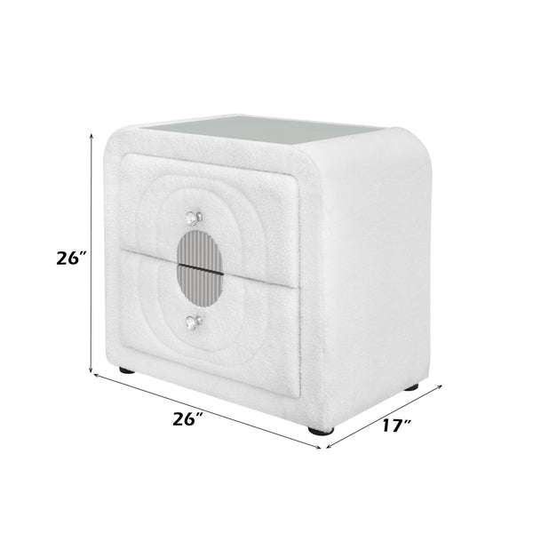 English Elm Shelyn Teddy Sherpa Upholstered Nightstand with Glass Top and Crystal Knob Hardware White B2756P495789