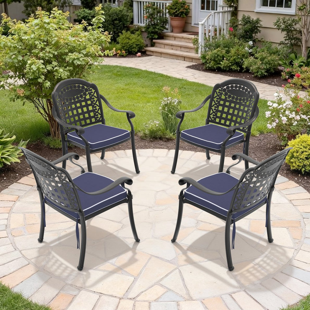 English Elm Cast Aluminum Outdoor Dining Chairs Set of 4 with Carved Relief Frame and Weather Cushions W1710S00510