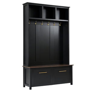 English Elm On-trend Entryway Hall Tree with Gold Hooks Bench Drawers and Shoe Cabinet Storage Black N721S000056B-1