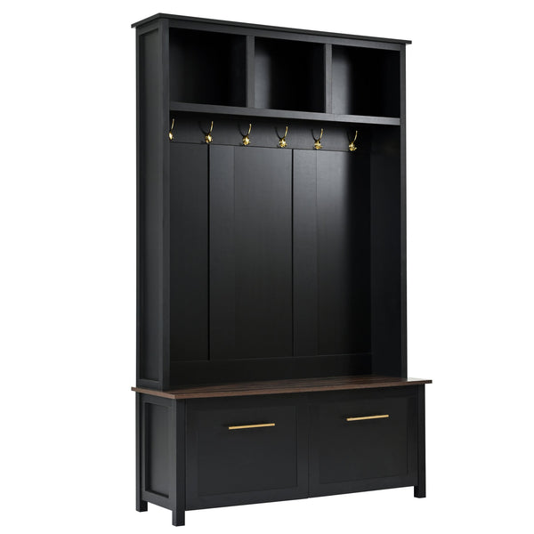English Elm On-trend Entryway Hall Tree with Gold Hooks Bench Drawers and Shoe Cabinet Storage Black N721S000056B-1