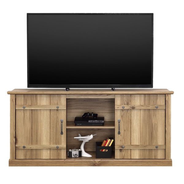 English Elm Credenza, Rustic 70" TV Stand with Sliding Barn Doors, Adjustable Shelves, Cord Management, 62" White Oak B356P354429