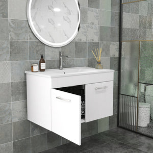 English Elm 32-Inch Wall-Mounted Bathroom Vanity With Ceramic Sink, Soft-Close Doors & Modern Glossy Finish W3151S00026