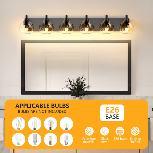 English Elm Farmhouse 6-Light Vanity LED Wall Sconce in Brushed Black with Glass Shades — Modern Rustic Bath Light 40.6" W1340P353042
