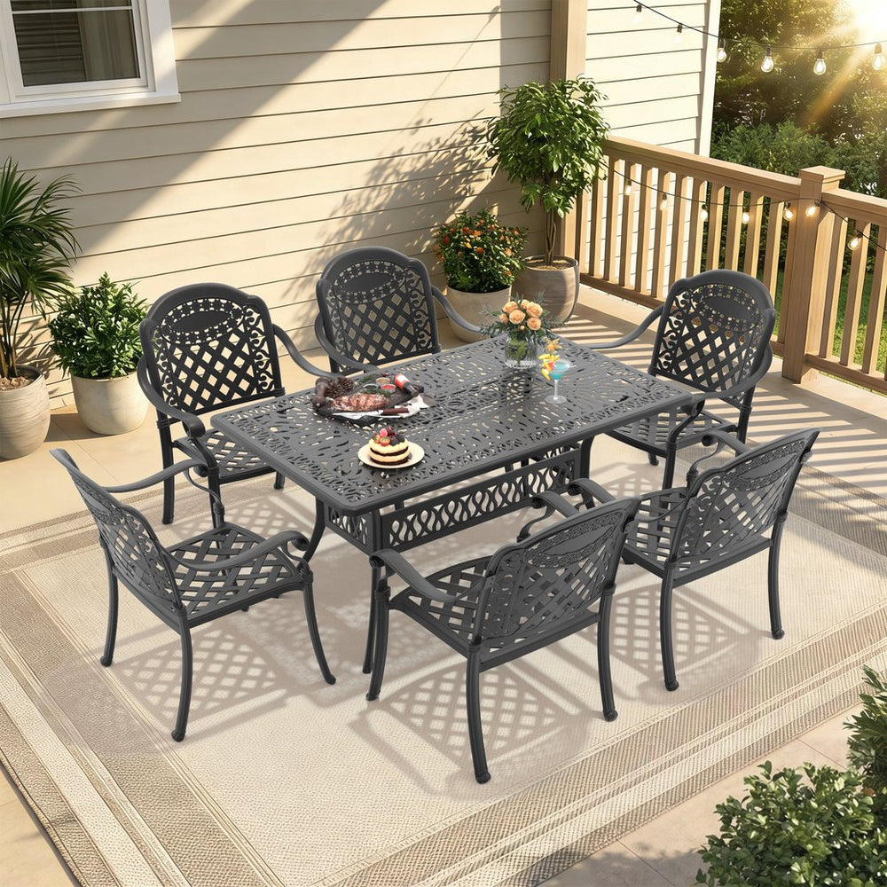 English Elm 7-piece Cast Aluminum Outdoor Dining Set Ornate Petal Motif Patio Furniture W1710S00622