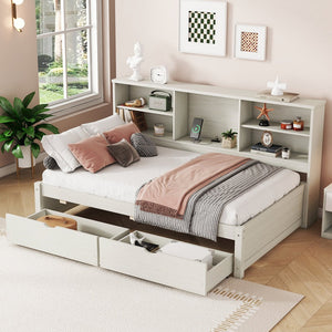 English Elm Twin Storage Bed with Bookcase Headboard Built-in Usb Charging and Two Drawers Creamy White W697S00037