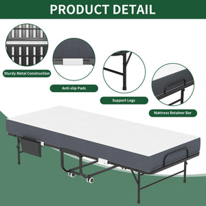 English Elm 75 Inch Rollaway Twin Bed with Memory Foam Mattress Heavy Duty Steel Frame Foldable W2735P425465