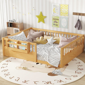 English Elm Queen Low Profile Kids Floor Bed with Guardrails Bookshelf and Pine Wood Frame Natural W1580P373143