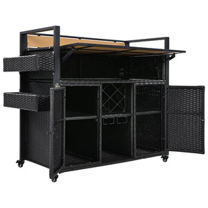 English Elm K&K Wicker Outdoor Grill Cart with Foldable Drop Leaf, Locking Wheels, Wine Rack & Ample Storage Black Brown N707P233747B