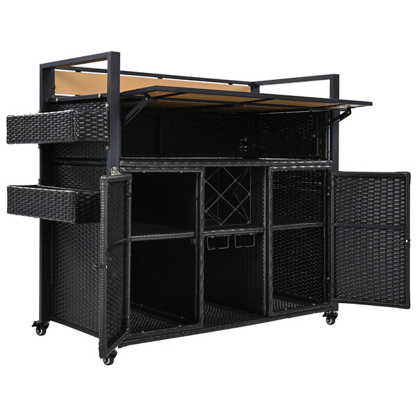 English Elm K&K Wicker Outdoor Grill Cart with Foldable Drop Leaf, Locking Wheels, Wine Rack & Ample Storage Black Brown N707P233747B