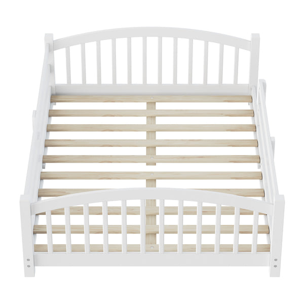 English Elm Full Montessori Pine Wood Floor Bed with Safety Rails Low Profile Kids Room Frame White N733P400299K