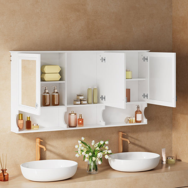 English Elm 55 Inch Wall Mount Medicine Cabinet Dual Mirrored Doors Soft Close Bathroom Vanity Storage N710P401337K