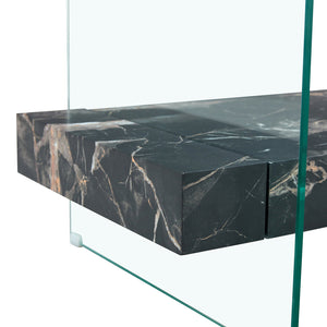 English Elm Rectangular Two Tier Glass Coffee Table with Marble Shelf for Modern Living Rooms W2920P226071