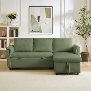 English Elm Loveseat Sectional Sleeper Sofa with Corduroy Tufted Upholstery Storage Chaise Reclining Green W2186S00014