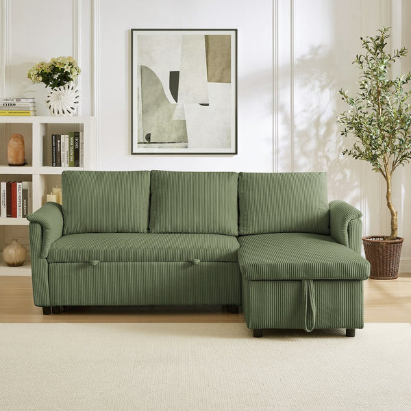 English Elm Loveseat Sectional Sleeper Sofa with Corduroy Tufted Upholstery Storage Chaise Reclining Green W2186S00014