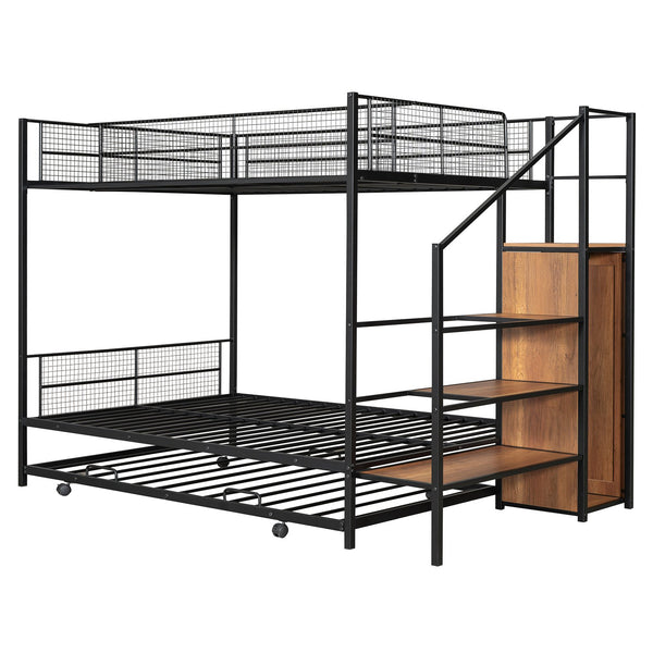 English Elm Twin Metal Bunk Bed with Trundle, Lateral Storage Ladder & Wardrobe | Space-Saving Durable Design Black SF000173AAB