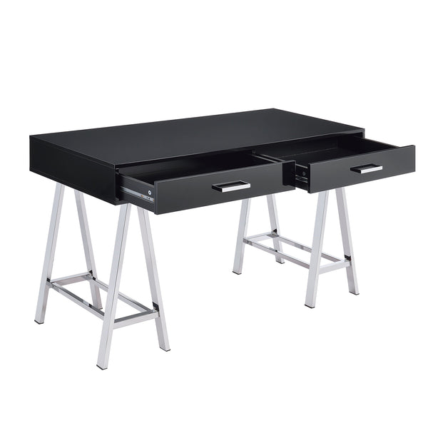English Elm 2 Modern Writing Desk with 2 Drawers, Black High Gloss Top and Chrome Sawhorse Base for Home Office Elegance B016P311299