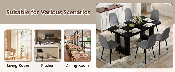 English Elm Table 7-Piece Dining Set: Stylish Black Wood Texture Table With 6 Dark Gray Linen-Cotton Chairs W1151S04319-GIGA