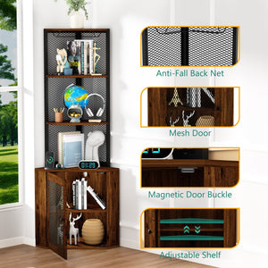 English Elm Corner 65" Corner Cabinet with Doors, 6-Tier Freestanding Storage Shelf w/Wine Rack, USB & AC Power T3177P268172