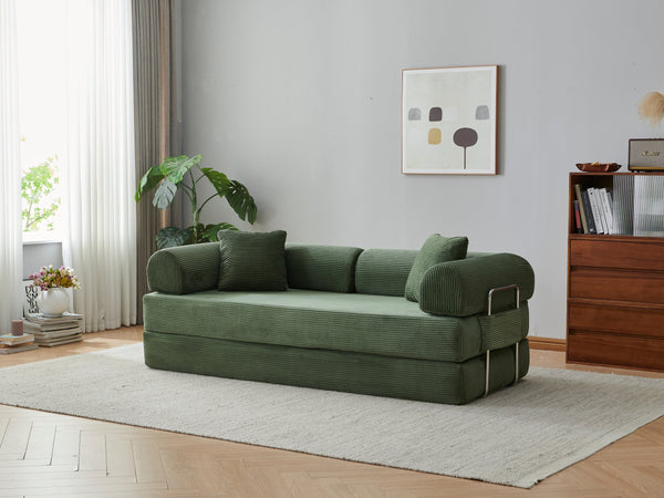English Elm 78.8" Corduroy Modular Floor Sofa Convertible Sleeper Futon with Pillow Back Support Army Green W5617P455966