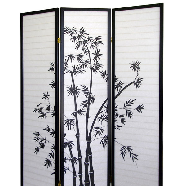 English Elm 70" Elegant Three-Panel Folding Screen With Bamboo Design, Black Finish - Perfect For Privacy & Style B072115974