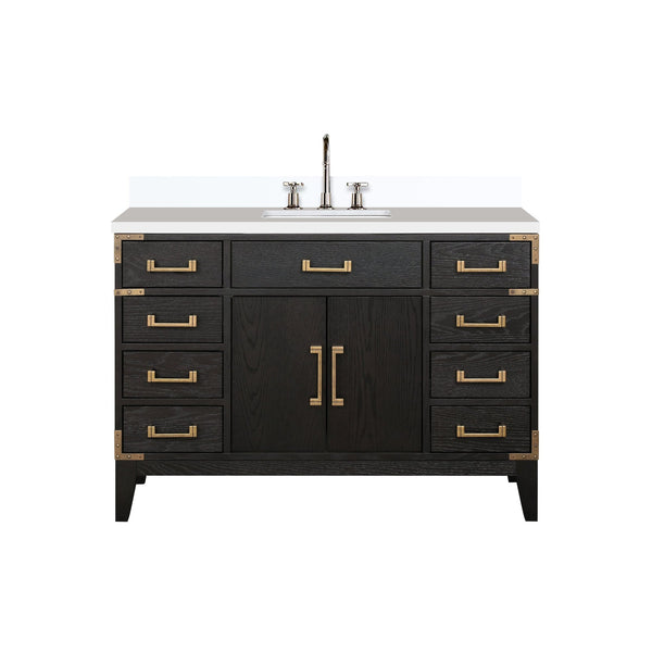 English Elm Black Oak Single Bath Vanity 48" W x 22" D with White Quartz Top, Soft-Close Drawers & Chrome Faucet Set B2731P260932