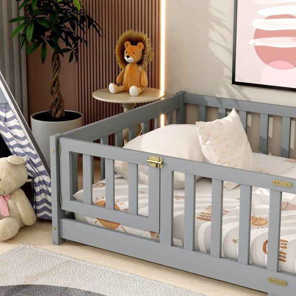 English Elm Twin Size Floor Bed With Built-In Fence & Door, Eco-Friendly Rubberwood Frame For Kids' Safety & Style W504P286372-GIGA