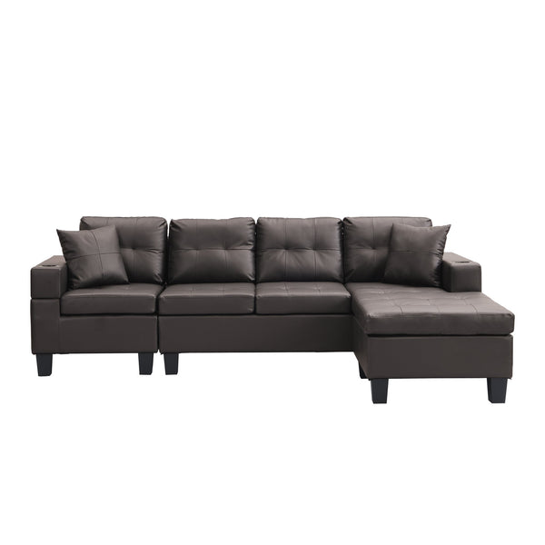 English Elm Sectional PU Sofa Set with L-Chaise, Built-In Cup Holders, Thick Foam Cushions, Modern 4-Seater Comfort Dark Brown 57.87 L x 28.35 W x 12.99 H W2297S00004