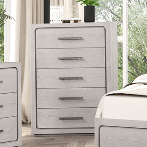 English Elm Unique Contemporary Chest with Cultured Stone Top, Reeded Panels, Silver Accents, Dovetail Drawers and Chrome Legs White Oak 22 L x 41 W x 56 H B2741P370872