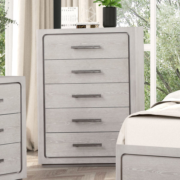 English Elm Unique Contemporary Chest with Cultured Stone Top, Reeded Panels, Silver Accents, Dovetail Drawers and Chrome Legs White Oak 22 L x 41 W x 56 H B2741P370872