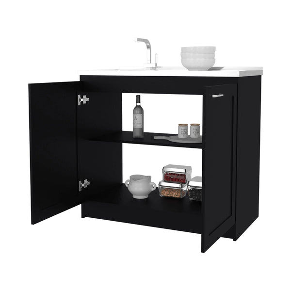 English Elm Wenge 2-Door Sink Base Cabinet with Interior Shelf, Durable Particle Board, 39"W x 36"H, Modern Utility B062S00625