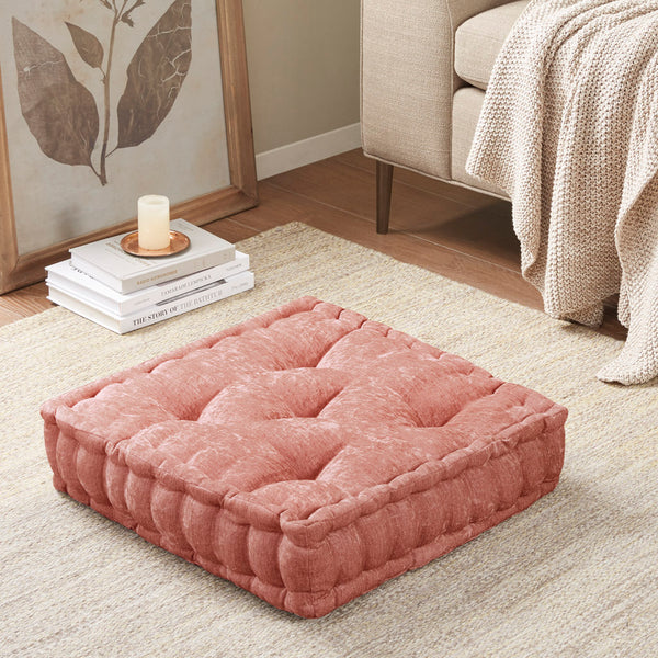 JLA Home Intelligent Design - Poly Chenille Square Floor Pillow Cushion with Tufted Scalloped Edge, OEKO‑TEX Soft Polyester Fill, Stylish Accent Seating Dusty Peach ID31-2449