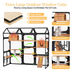English Elm Large Pine Wood Catio Outdoor Cat Enclosure with Wire Mesh and Dual Plant Stands Black N704G201617B