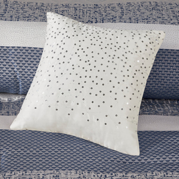 English Elm 7 Piece Jacquard Comforter Set Rhapsody Queen – Elegant Grey & Blue Stripe Design, Embroidered Pillows, Machine Washable Navy 23.62 L x 18.9 W x 14.96 H B03597212