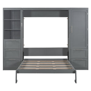English Elm Queen Murphy Wall Bed with Wardrobe Drawers and Shelves for Studio or Guest Room Gray LP000865AAE-1