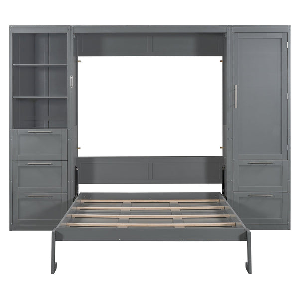 English Elm Queen Murphy Wall Bed with Wardrobe Drawers and Shelves for Studio or Guest Room Gray LP000865AAE-1
