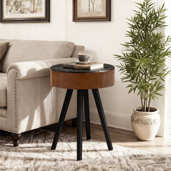 English Elm 15.7-inch Round Carved Mdf Accent Table Distressed Vintage Style for Bedroom or Living Room W3935P406044