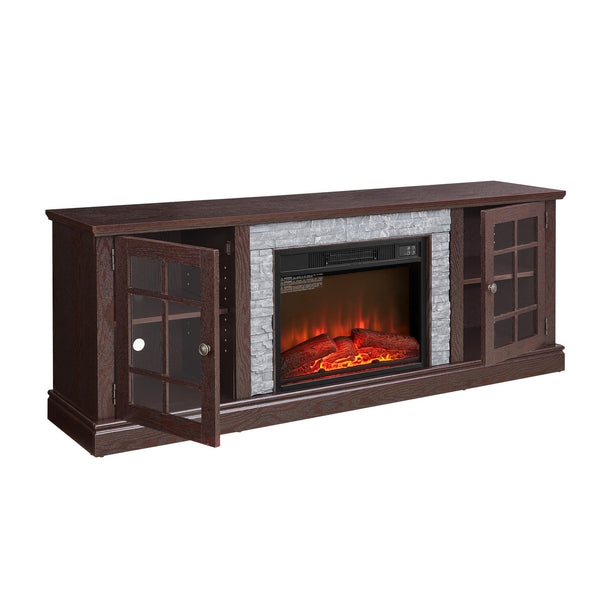 English Elm 70" Modern TV Stand with 23" Electric Fireplace, Faux Stone Mantel, Ample Storage & Cable Management Cherry W2275S00023