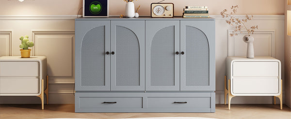 English Elm Full Size Murphy Bed Rattan Cabinet with Storage Drawers and Gold Hardware Gray N708S00009E
