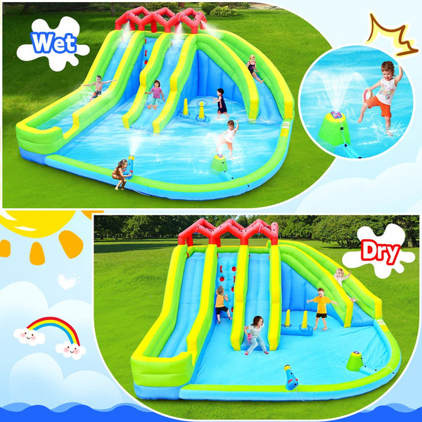 English Elm 7 in 1 Inflatable Backyard Water Park with Triple Slides Climbing Wall and Sprinkler W1677P247457