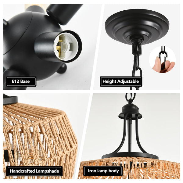 English Elm 19" Boho Hemp Rope Pendant Light - Hand-Woven Jute Shade, Wrought Iron Accent, Adjustable Chain, Warm Ambience W1340P241300