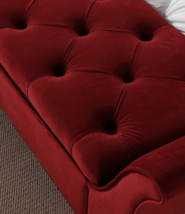 English Elm Vintage Button Tufted Velvet Storage Bench Mid Century Curved Leg Entryway Seat Red W2795P449282