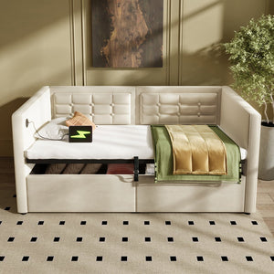 English Elm Upholstered Twin Daybed with Hydraulic Storage, Velvet Tufted Sofa Back, USB & Type-C Charging Port Beige N736P303402B