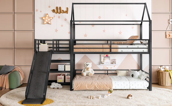 English Elm Twin House Bunk Bed with Slide Storage Stairs and Safety Rails for Kids Rooms W1580S00648